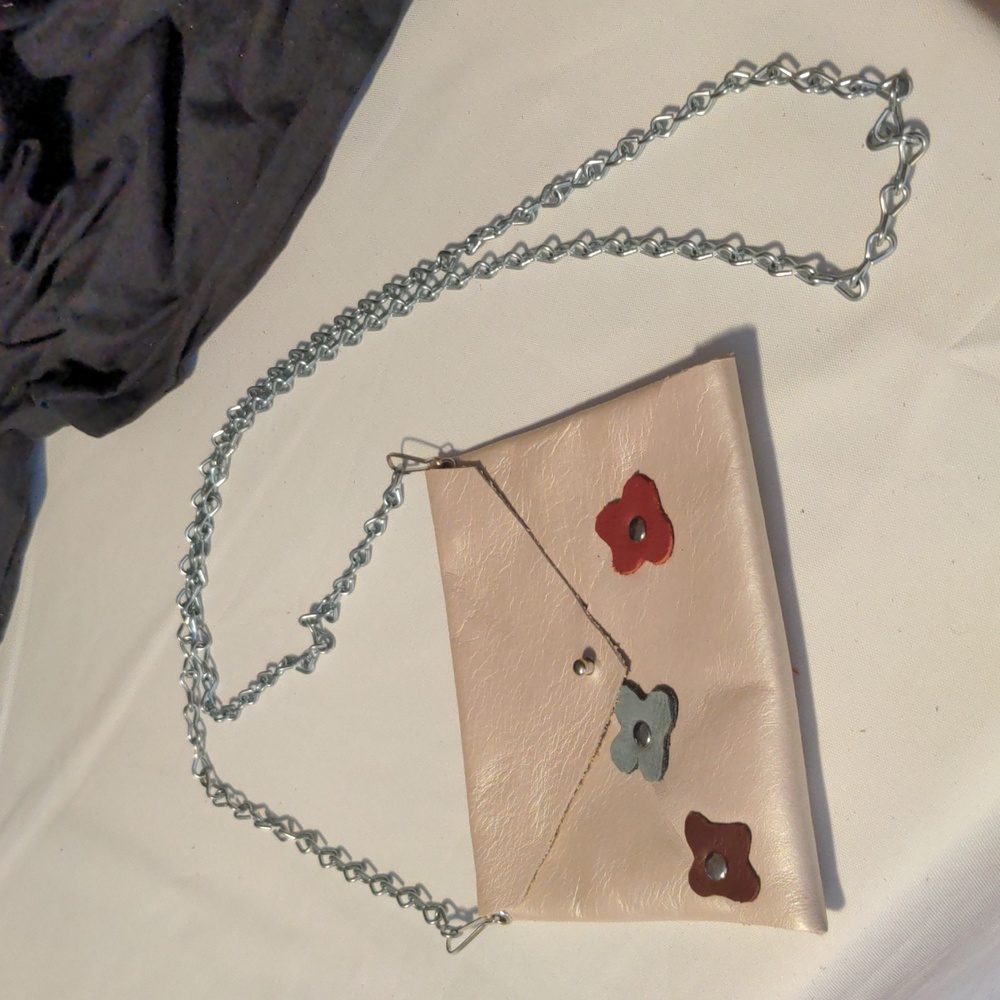 Handmade Genuine Leather Envelope Pouch Flower Rosette Accents Removable Chain